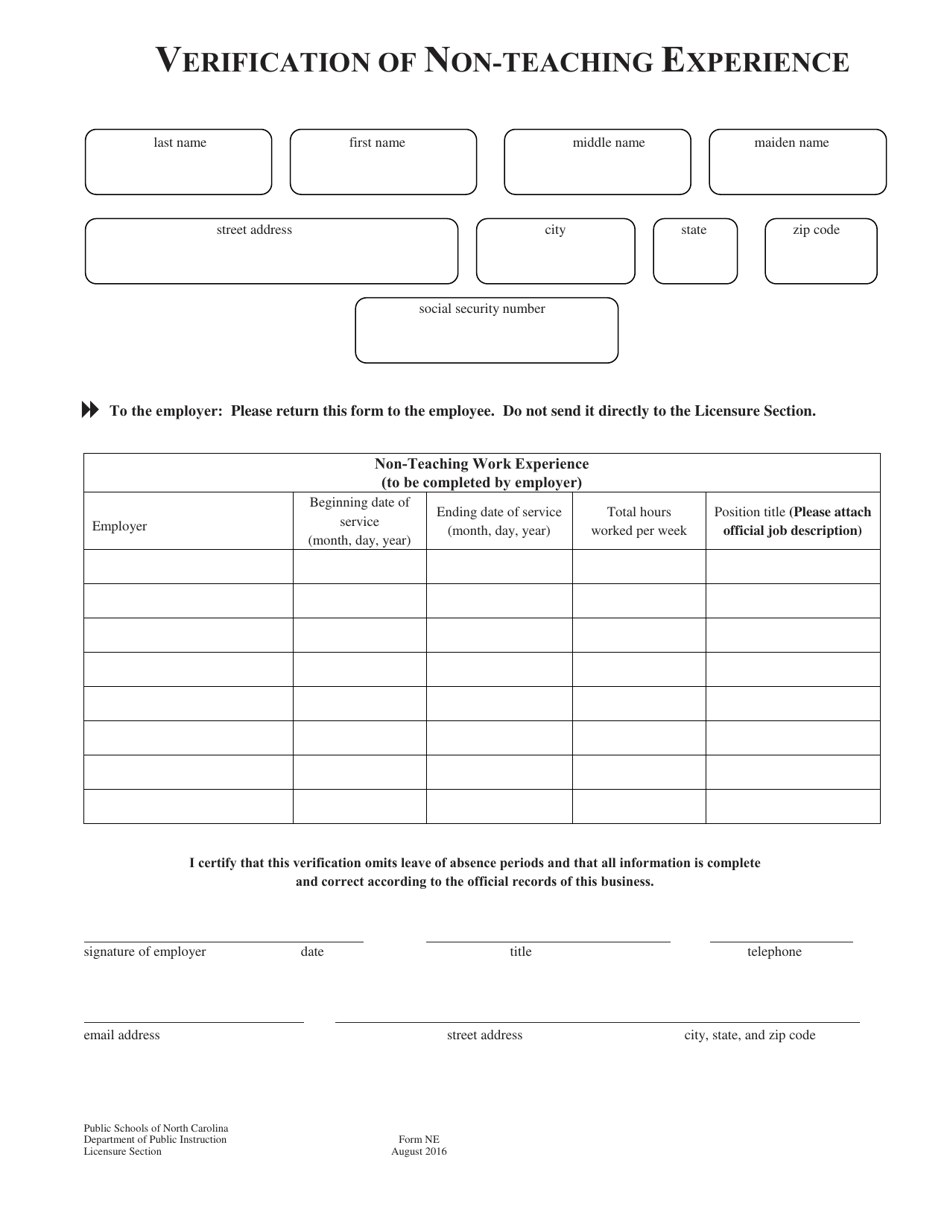 Form NE Verification of Non-teaching Experience - North Carolina, Page 1