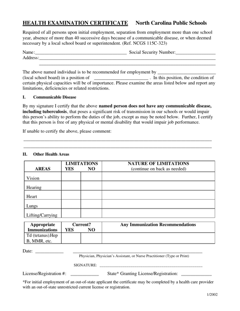 North Carolina Health Examination Certificate Download Printable PDF 