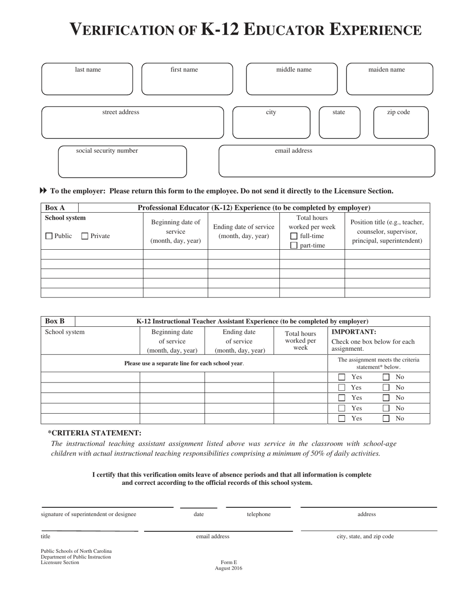 Form E Verification of K-12 Educator Experience - North Carolina, Page 1