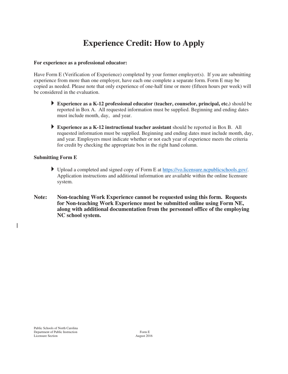 Form E Verification of K-12 Educator Experience - North Carolina, Page 2