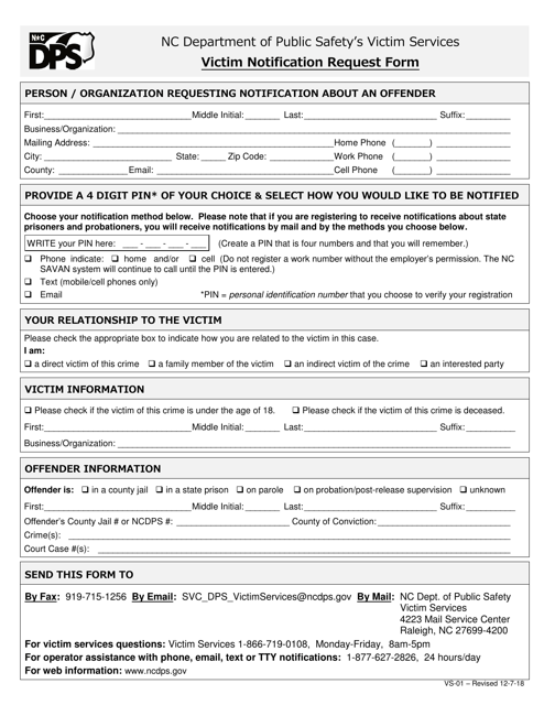 Form VS-01 Victim Notification Request Form - North Carolina