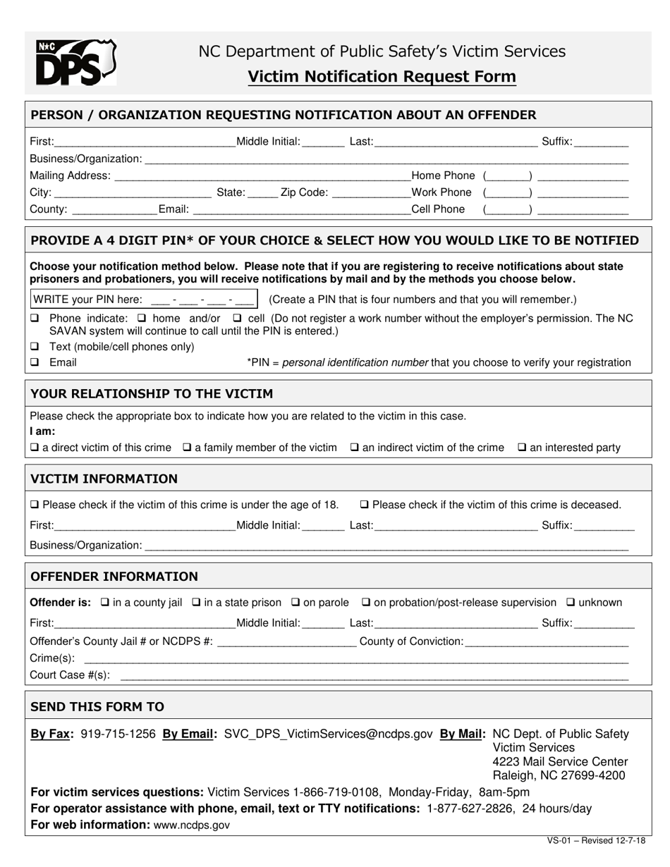 Form VS-01 Victim Notification Request Form - North Carolina, Page 1