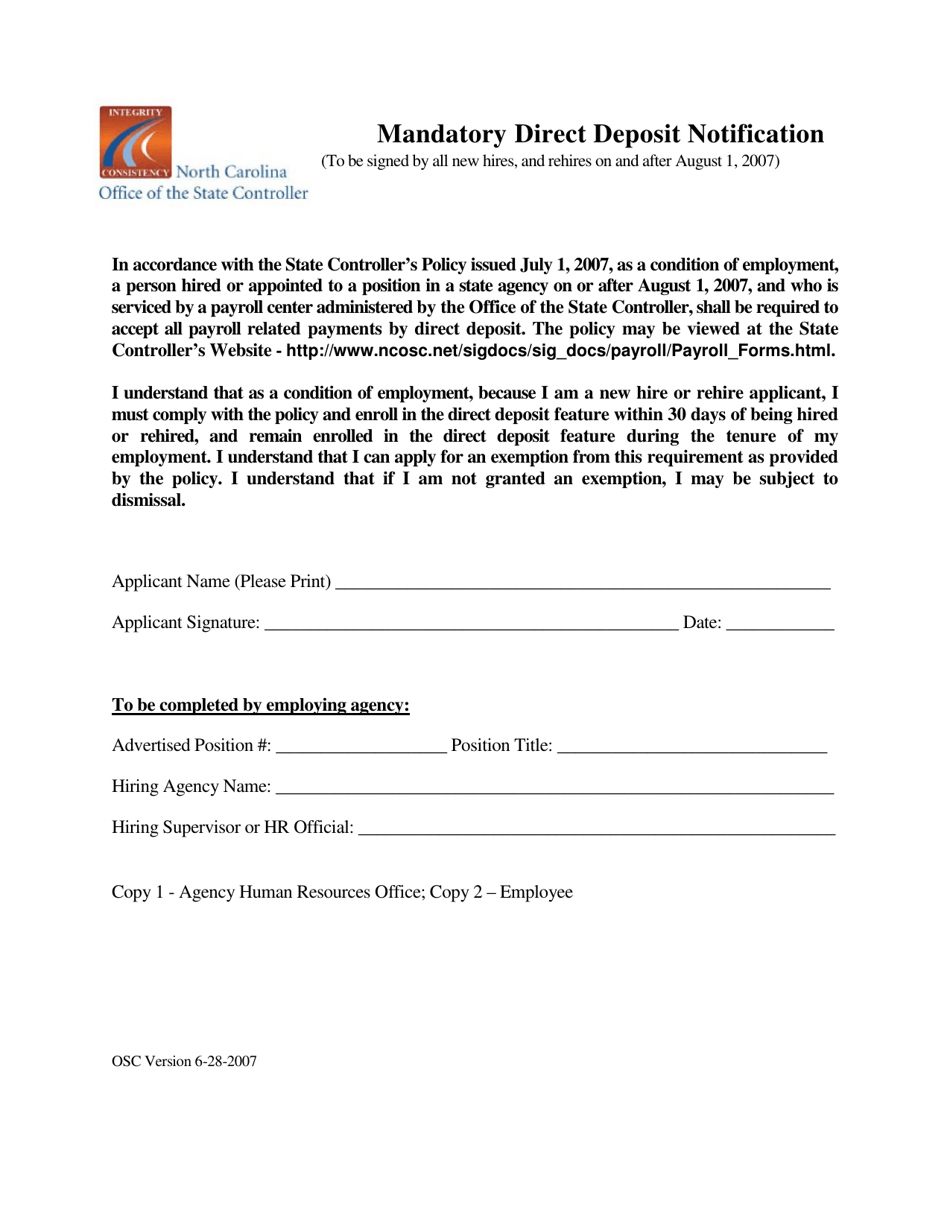 Mandatory Direct Deposit Notification Form - North Carolina, Page 1