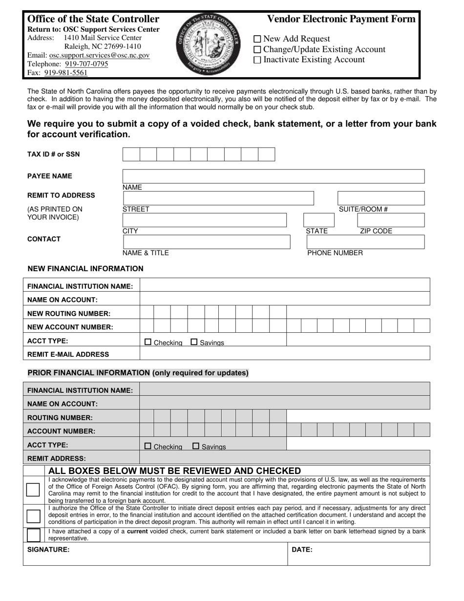 Vendor Electronic Payment Form - North Carolina, Page 1