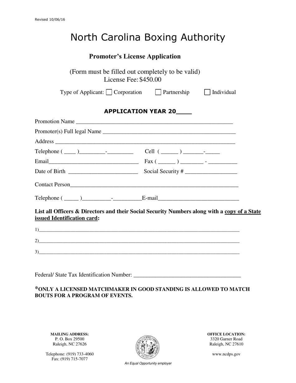 Promoters License Application Form - North Carolina, Page 1