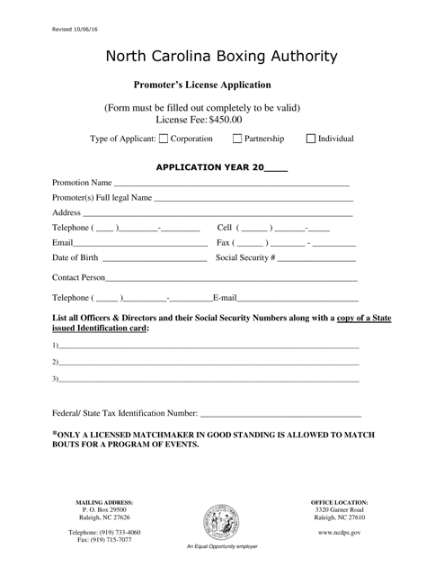 Promoter's License Application Form - North Carolina Download Pdf