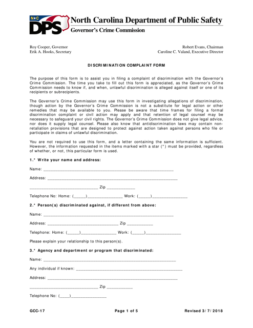 Form GCC-17 Discrimination Complaint Form - North Carolina