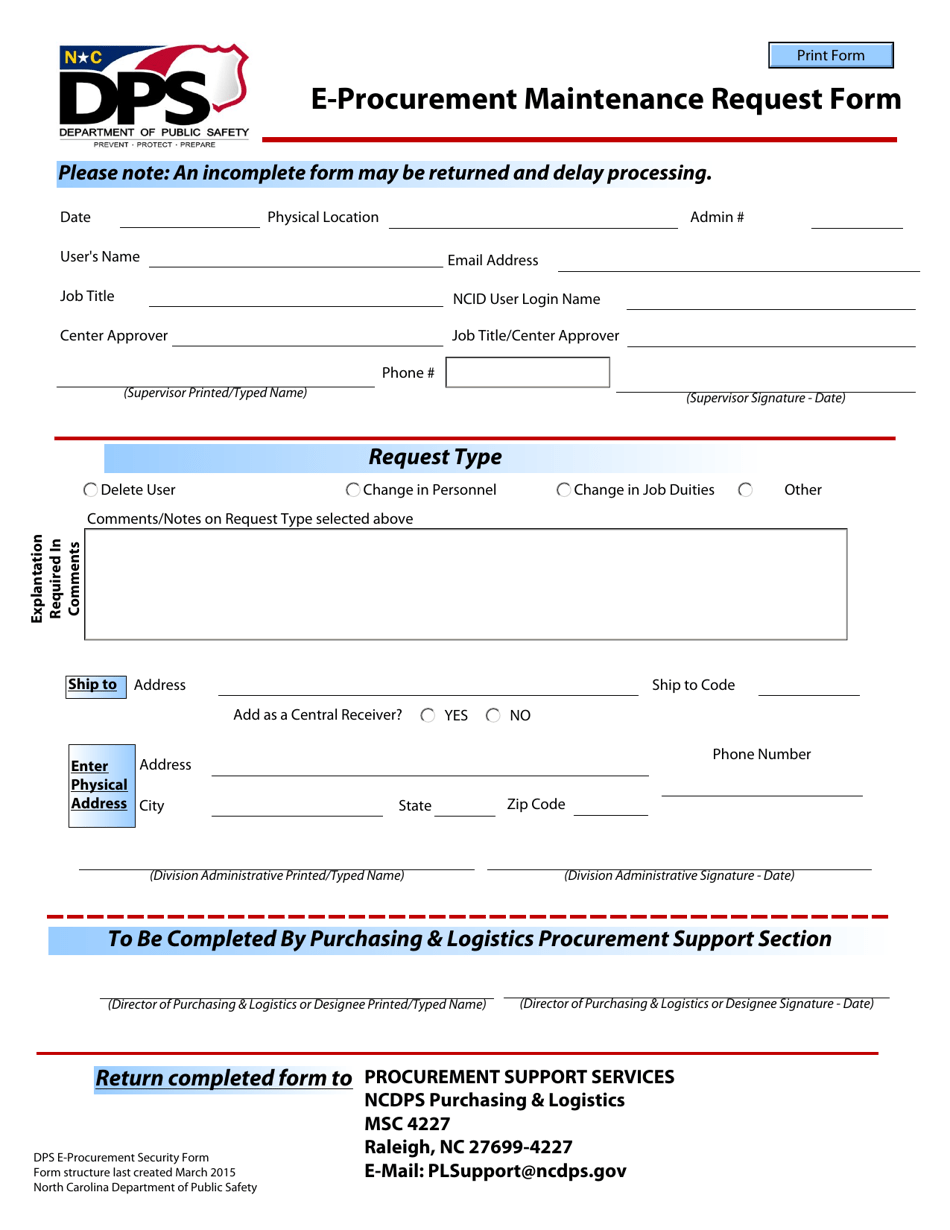 E-Procurement Maintenance Request Form - North Carolina, Page 1