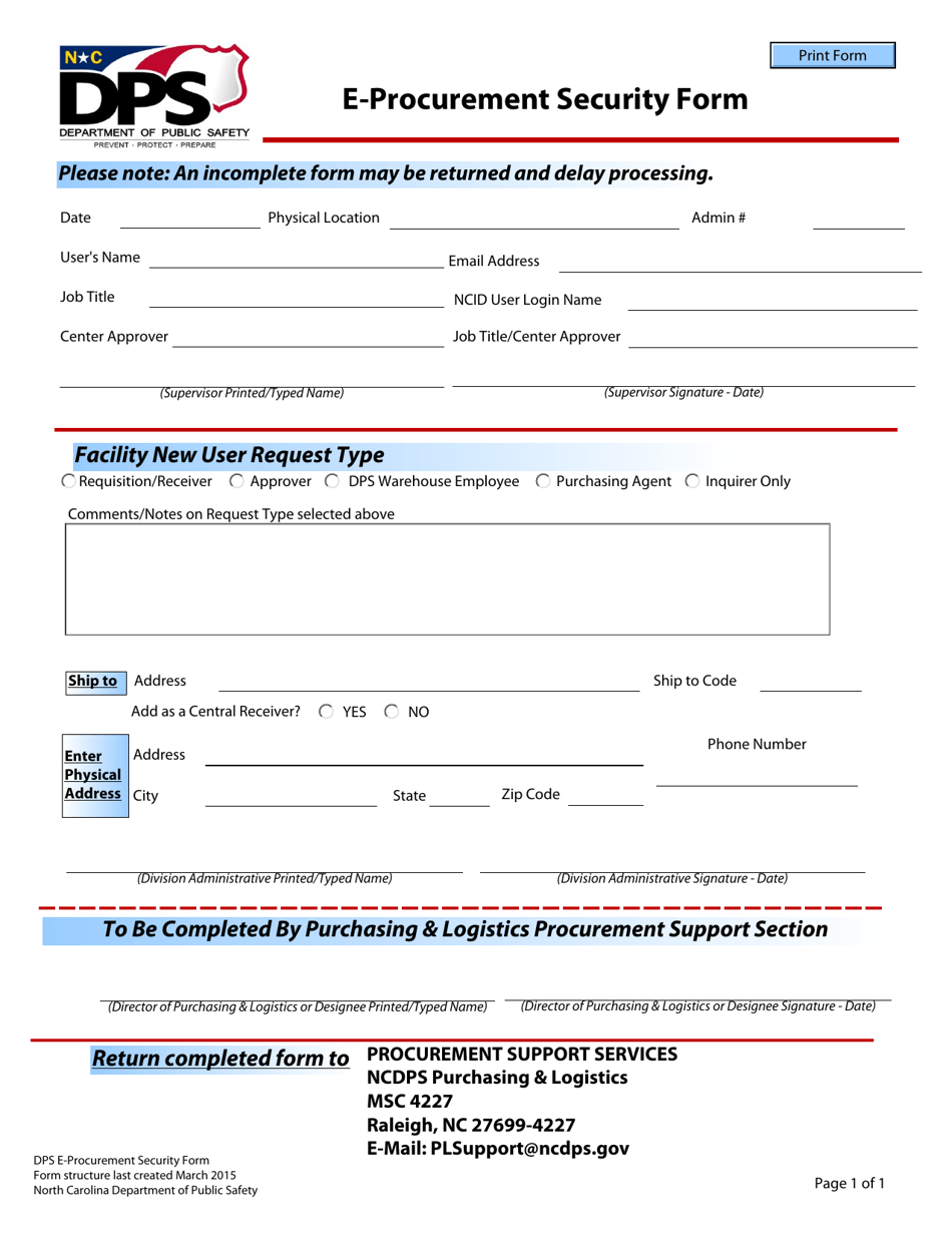 E-Procurement Security Form - North Carolina, Page 1