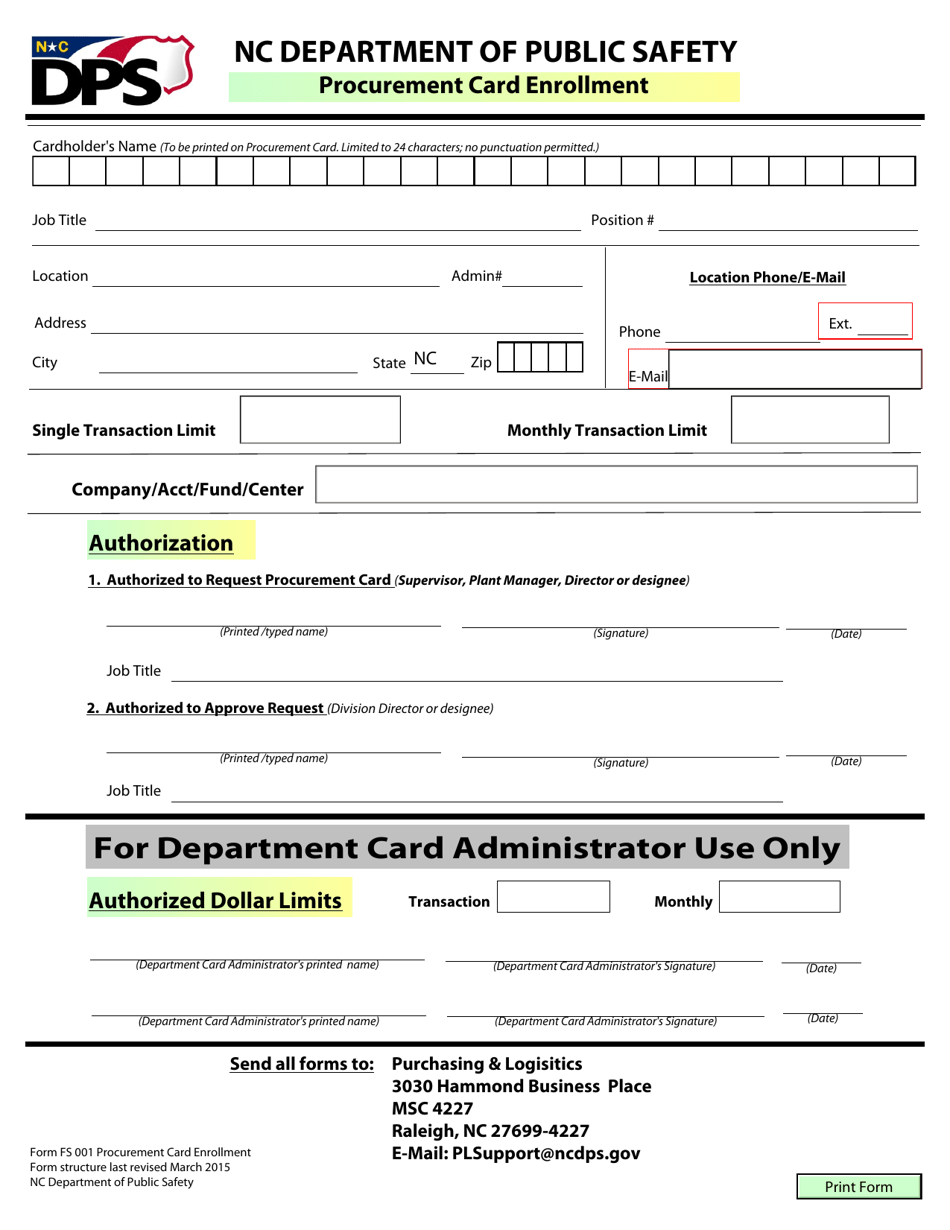 Form FS001 Procurement Card Enrollment Form - North Carolina, Page 1