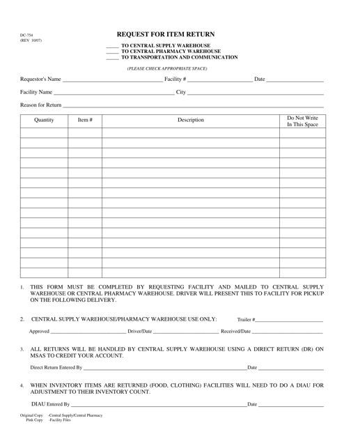 Form DC-754 Request for Item Return - North Carolina