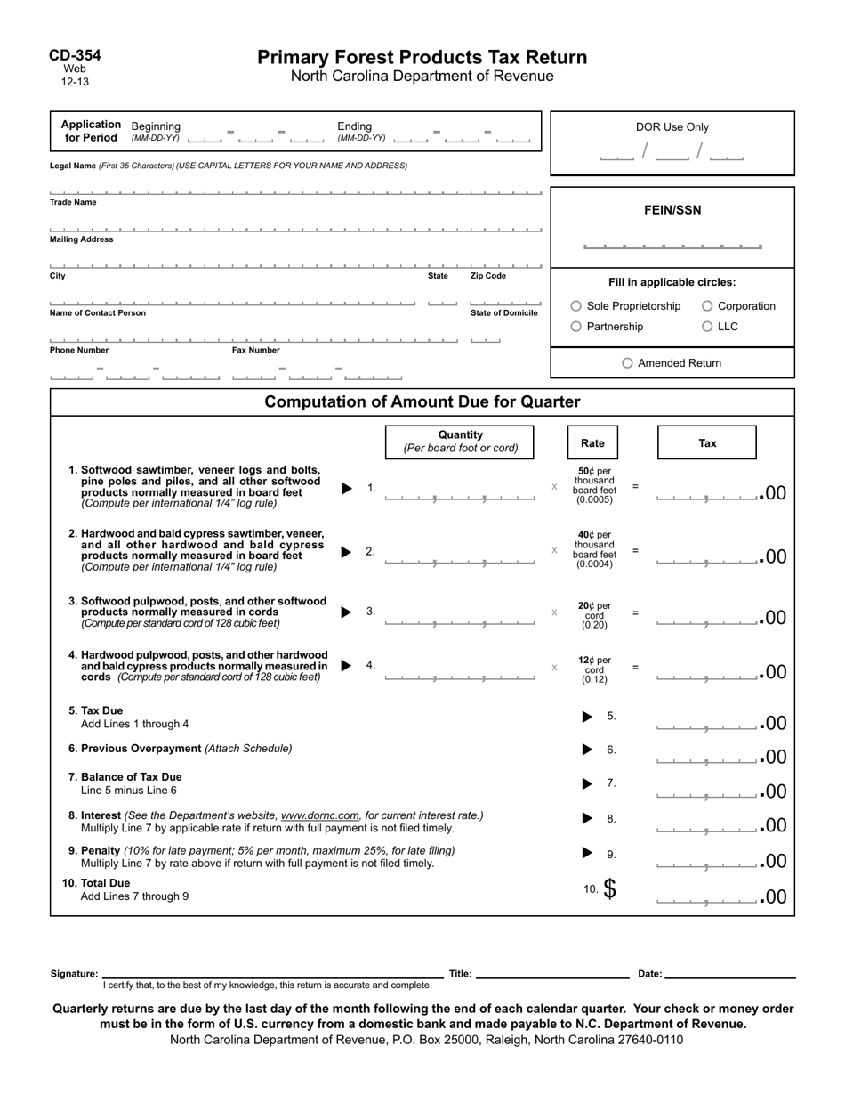 Form CD-354 Primary Forest Products Tax Return - North Carolina, Page 1