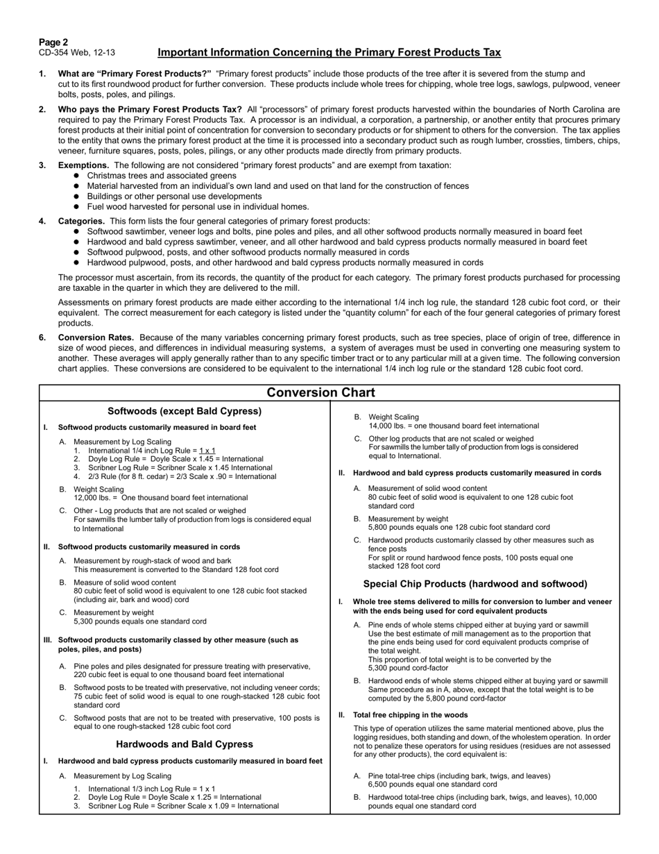 Form CD-354 Primary Forest Products Tax Return - North Carolina, Page 2