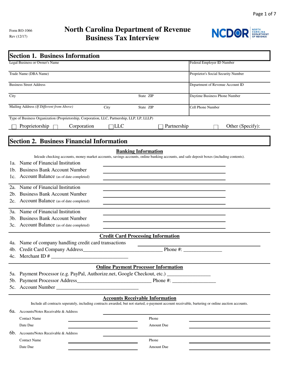 Form RO-1066 Business Tax Interview - North Carolina, Page 1