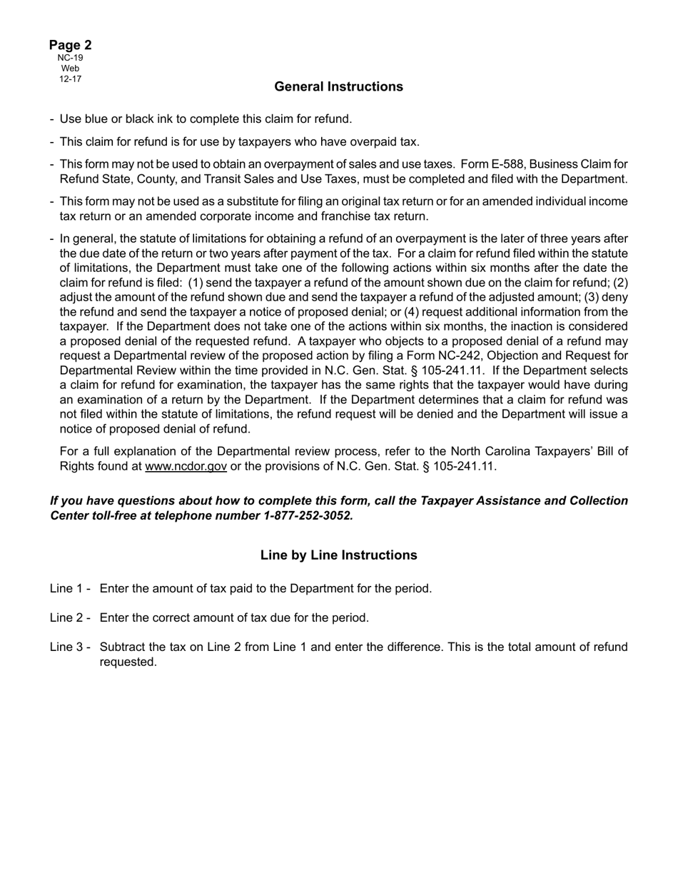 Form NC-19 Claim for Refund of Taxes - North Carolina, Page 3
