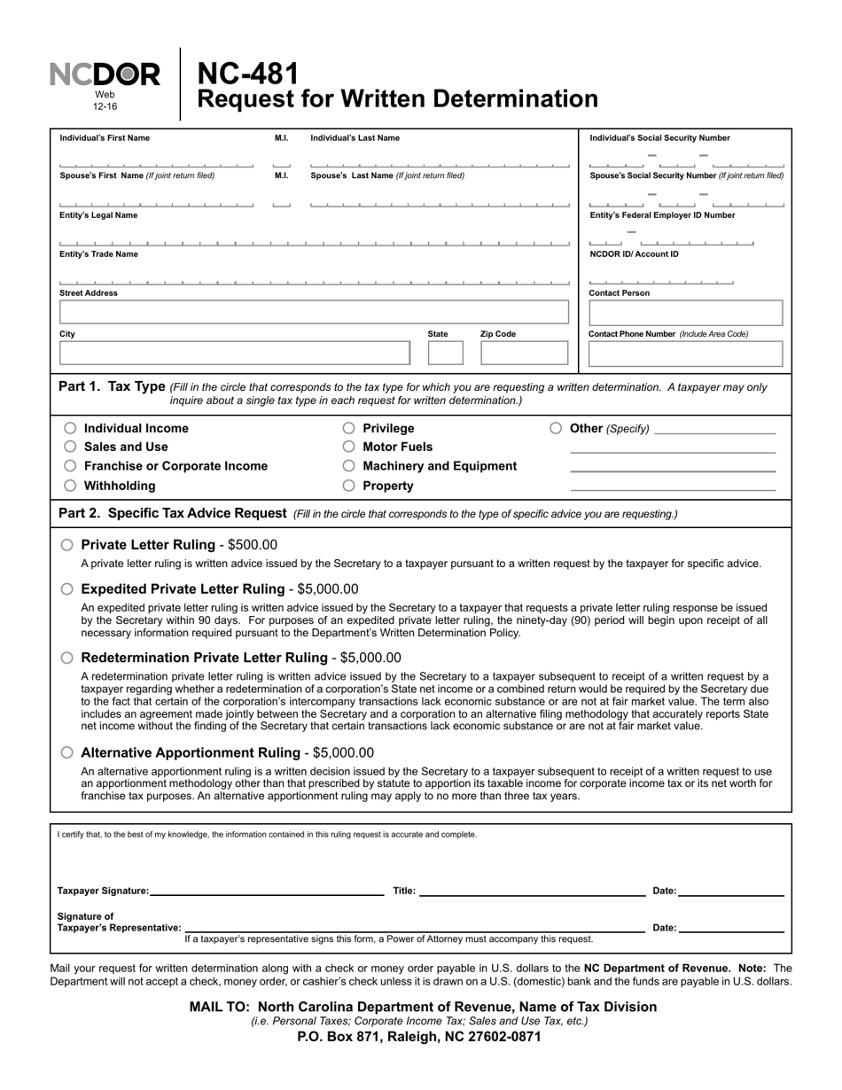 Form NC-481 Request for Written Determination - North Carolina, Page 1