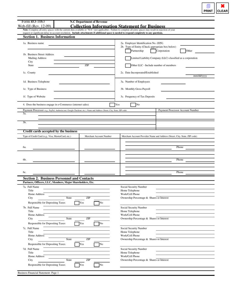 Form RO-1063 Collection Information Statement for Business - North Carolina, Page 1