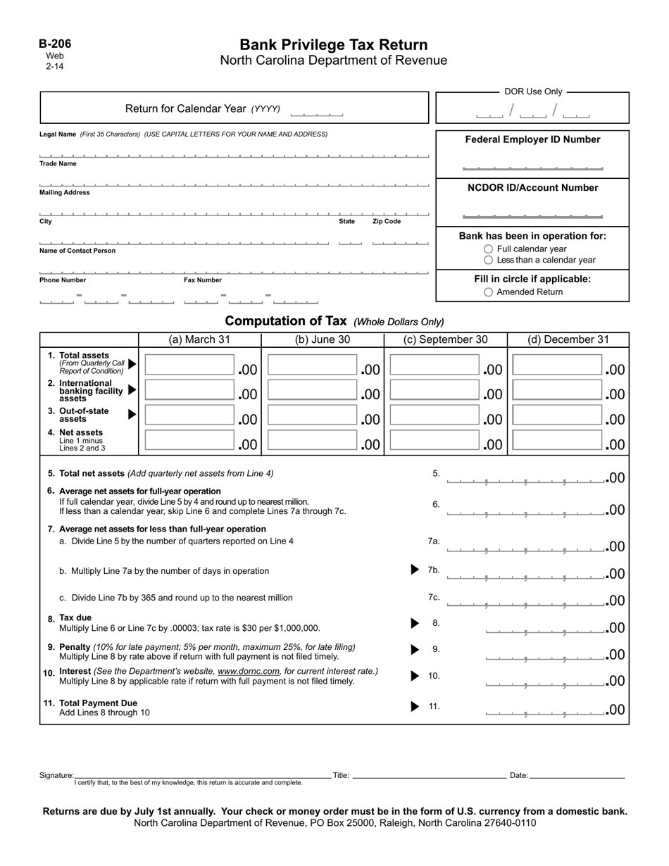 Form B-206 Bank Privilege Tax Return - North Carolina, Page 1