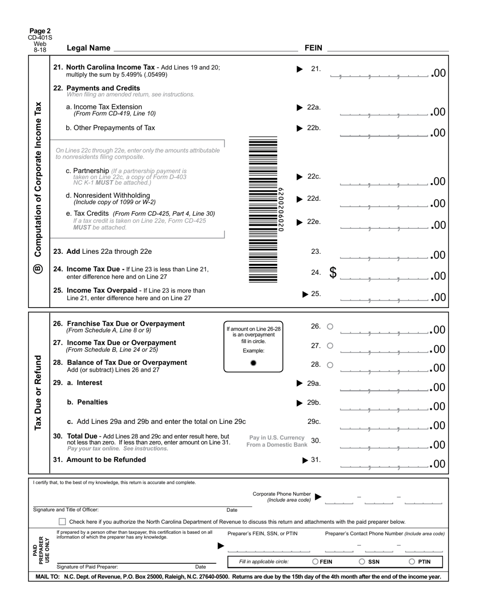 Form CD-401S S-Corporation Tax Return - North Carolina, Page 3