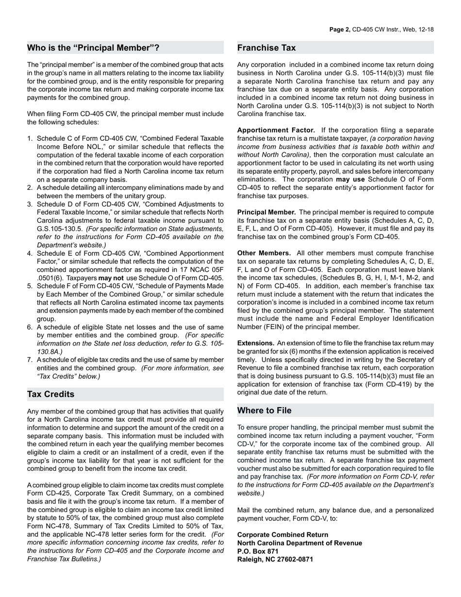 Instructions for Form CD-405 CW Combined Corporate Income Tax Worksheet - North Carolina, Page 2