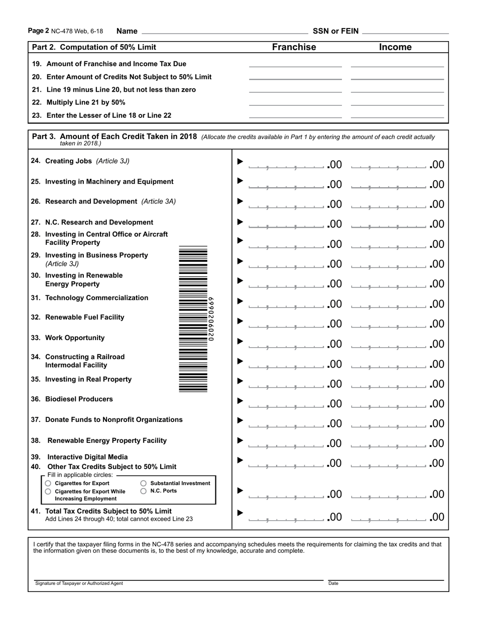 Form NC-478 Summary of Tax Credits Limited to 50% of Tax - North Carolina, Page 3