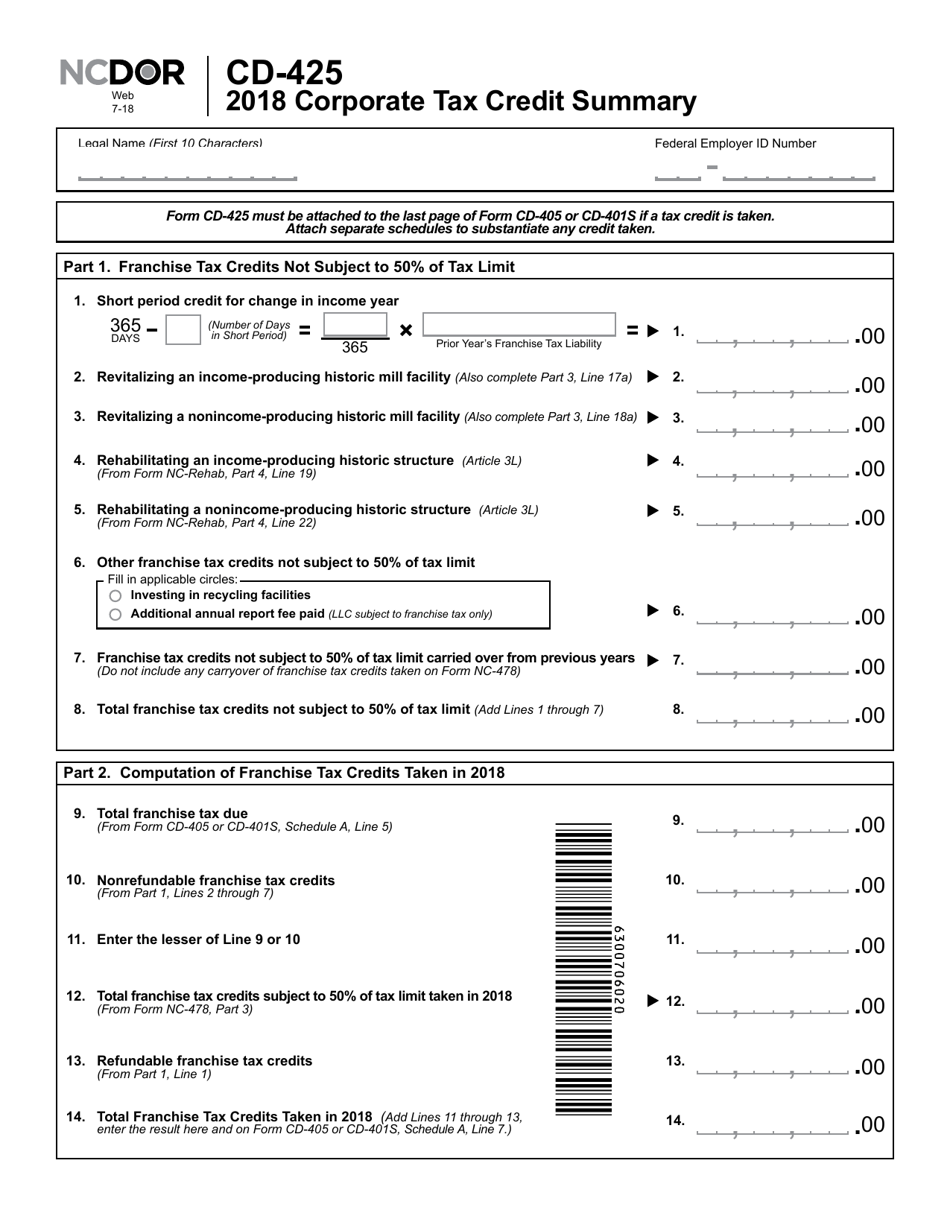 Form CD-425 Corporate Tax Credit Summary - North Carolina, Page 2