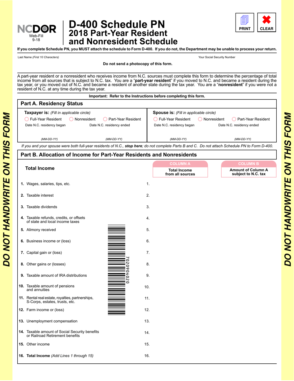 Form D-400 Schedule PN - 2018 - Fill Out, Sign Online And Download ...