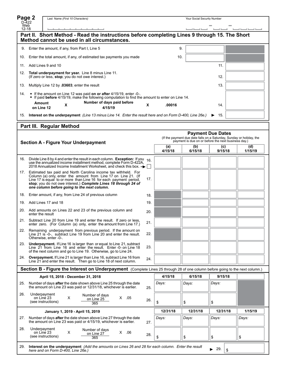 Form D-422 Underpayment of Estimated Tax by Individuals - North Carolina, Page 3