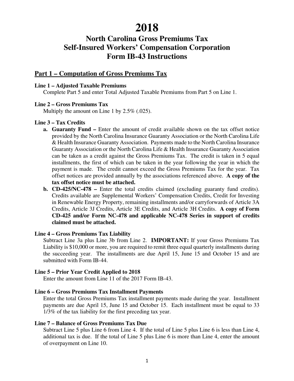 Instructions for Form IB-43 Gross Premium Tax - Self-insured Workers Compensation Corporation - North Carolina, Page 1