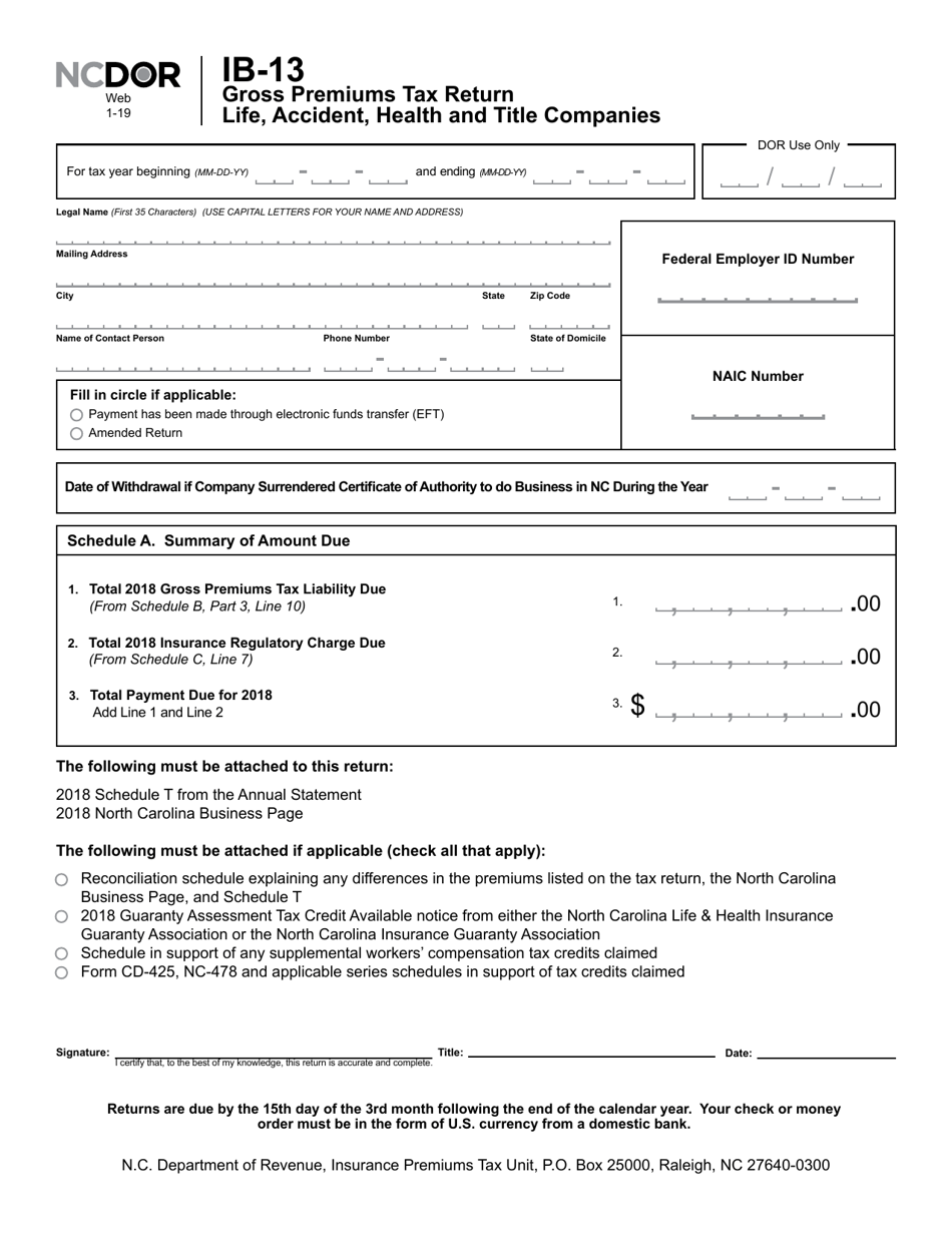 Form IB-13 Gross Premiums Tax Return - Life, Accident, Health and Title Companies - North Carolina, Page 2