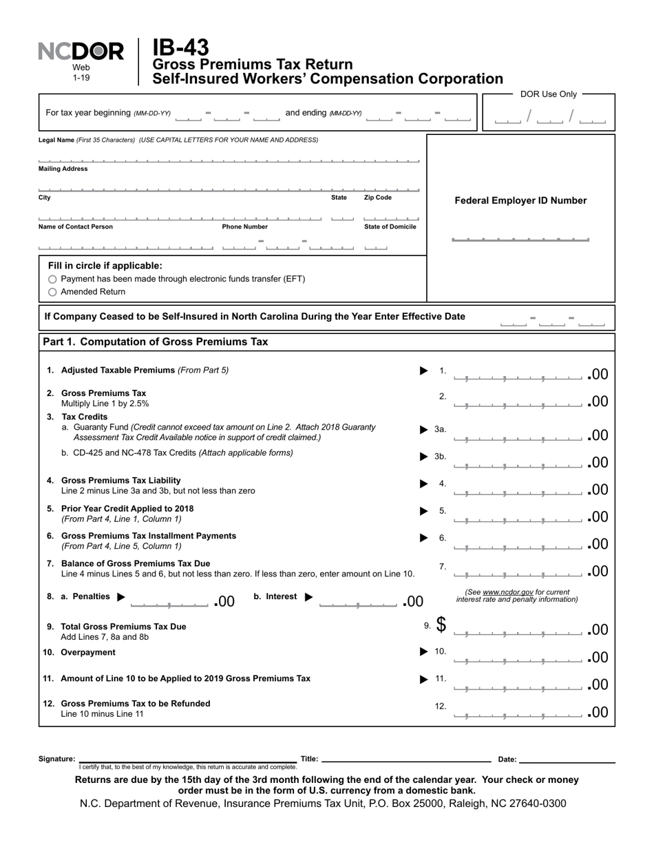 Form IB-43 Gross Premiums Tax Return - Self-insured Workers Compensation Corporation - North Carolina, Page 2