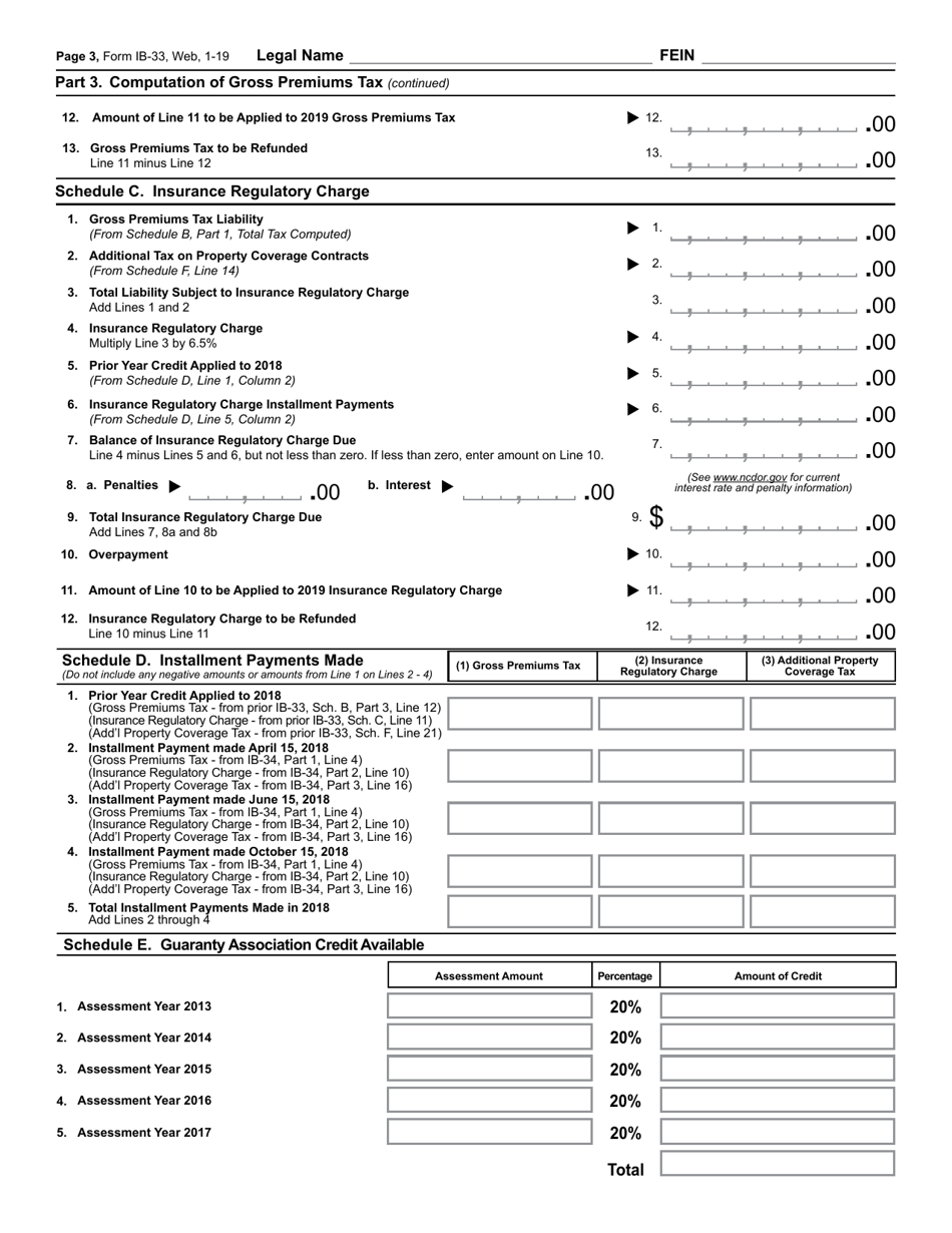 Form IB-33 Gross Premiums Tax Return - Property and Casualty Companies - North Carolina, Page 4