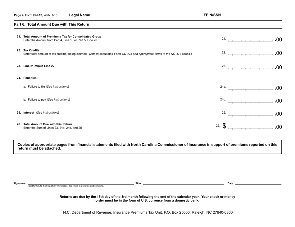 Form IB-4A3 Gross Premiums Tax Return - Captive Insurance Companies - North Carolina, Page 5