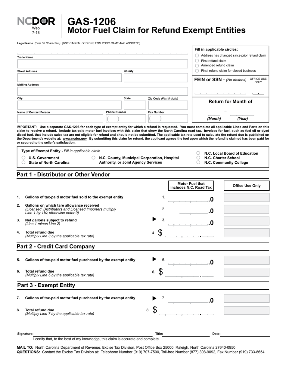 Form GAS-1206 Motor Fuel Claim for Refund Exempt Entities - North Carolina, Page 1