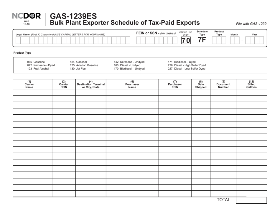 Form GAS-1239ES Bulk Plant Exporter Schedule of Tax-Paid Exports - North Carolina, Page 1