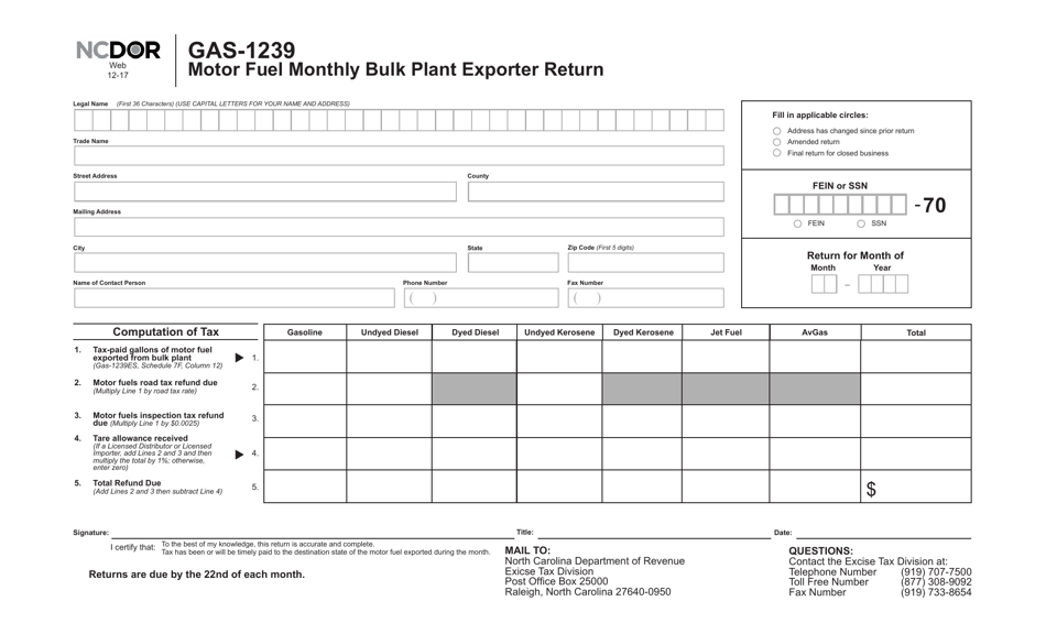 Form GAS-1239 Motor Fuel Monthly Bulk Plant Exporter Return - North Carolina, Page 1