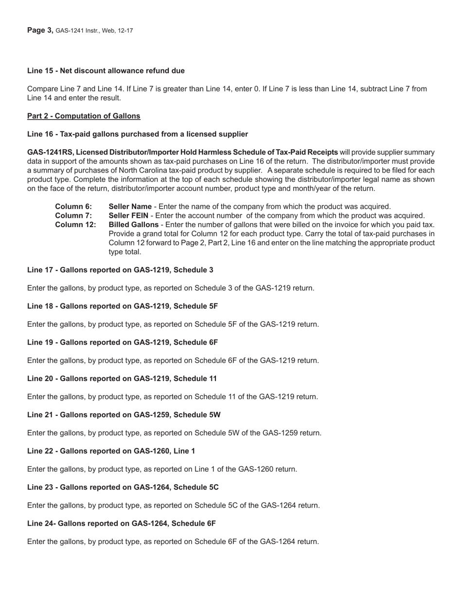Instructions for Form GAS-1241 Motor Fuel Claim for Refund Licensed Distributor / Importer Hold Harmless - North Carolina, Page 3
