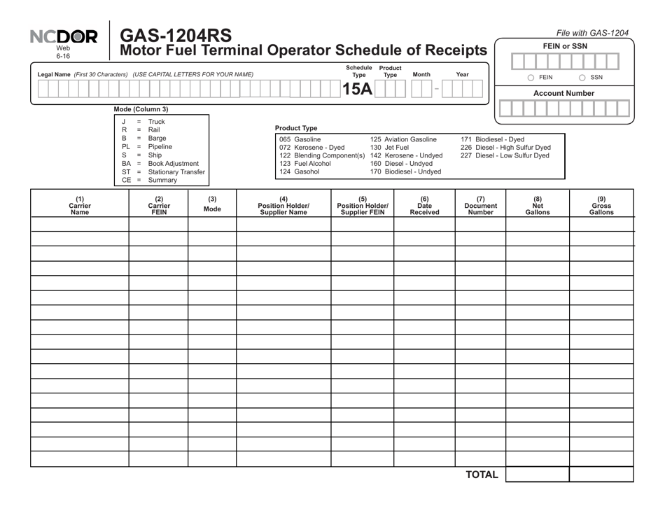 Form GAS-1204RS Motor Fuel Terminal Operator Schedule of Receipts - North Carolina, Page 1