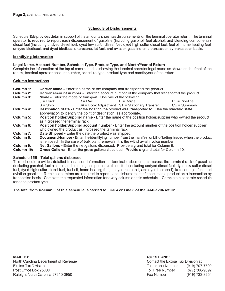 Instructions for Form GAS-1204 Motor Fuel Terminal Operator Return - North Carolina, Page 3