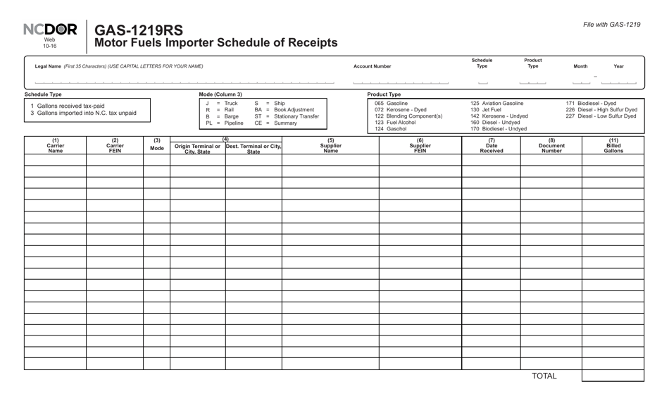 Form GAS-1219RS Motor Fuels Importer Schedule of Receipts - North Carolina, Page 1