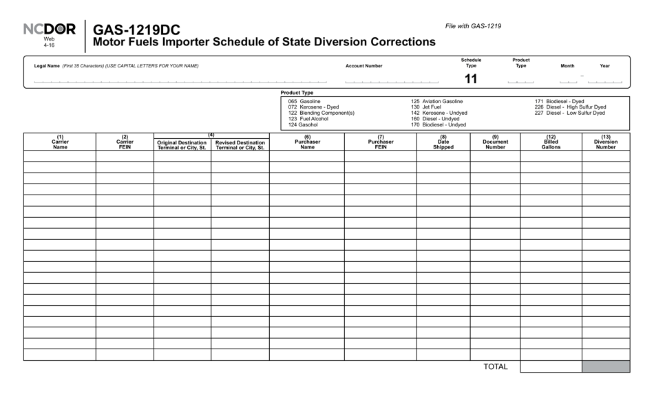 Form GAS-1219DC Motor Fuels Importer Schedule of State Diversion Corrections - North Carolina, Page 1