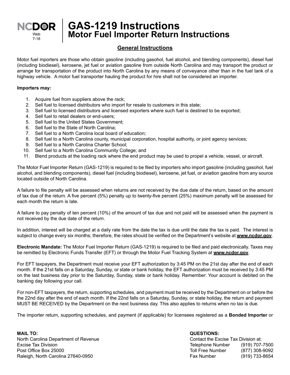 Instructions for Form GAS-1219 Motor Fuel Importer Return - North Carolina, Page 1