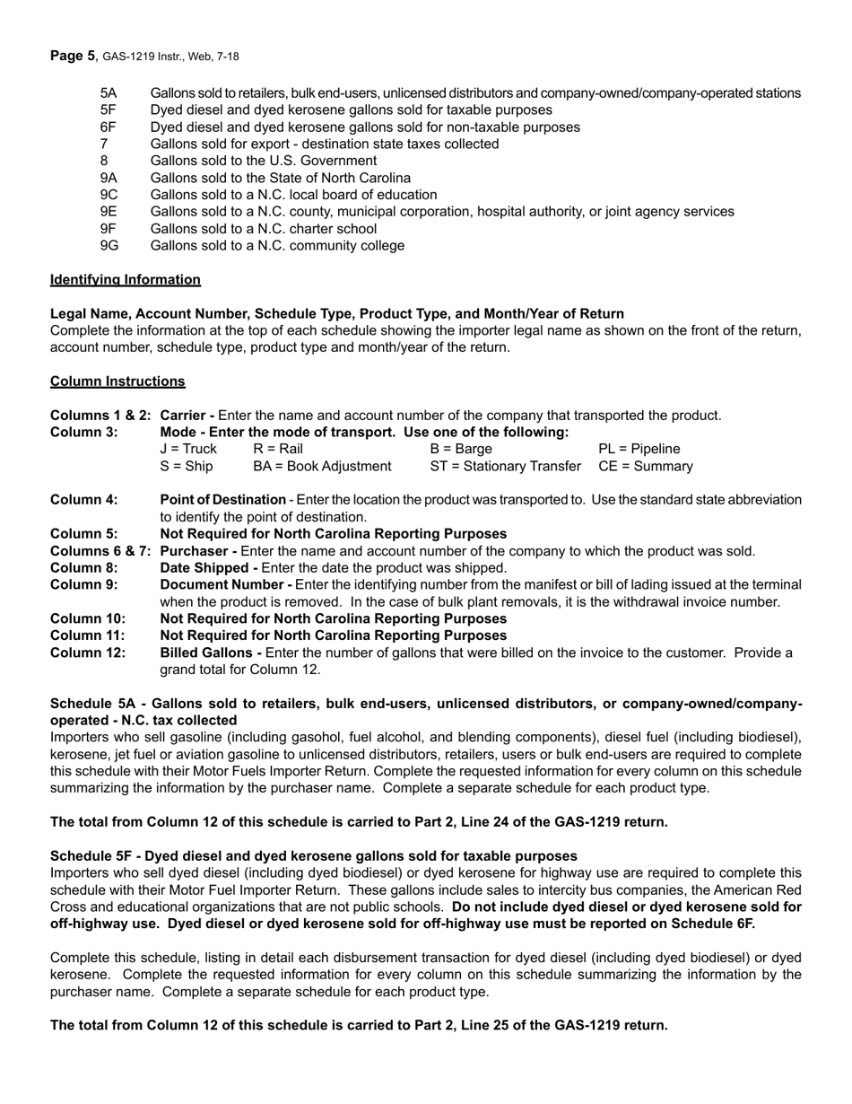 Instructions for Form GAS-1219 Motor Fuel Importer Return - North Carolina, Page 5