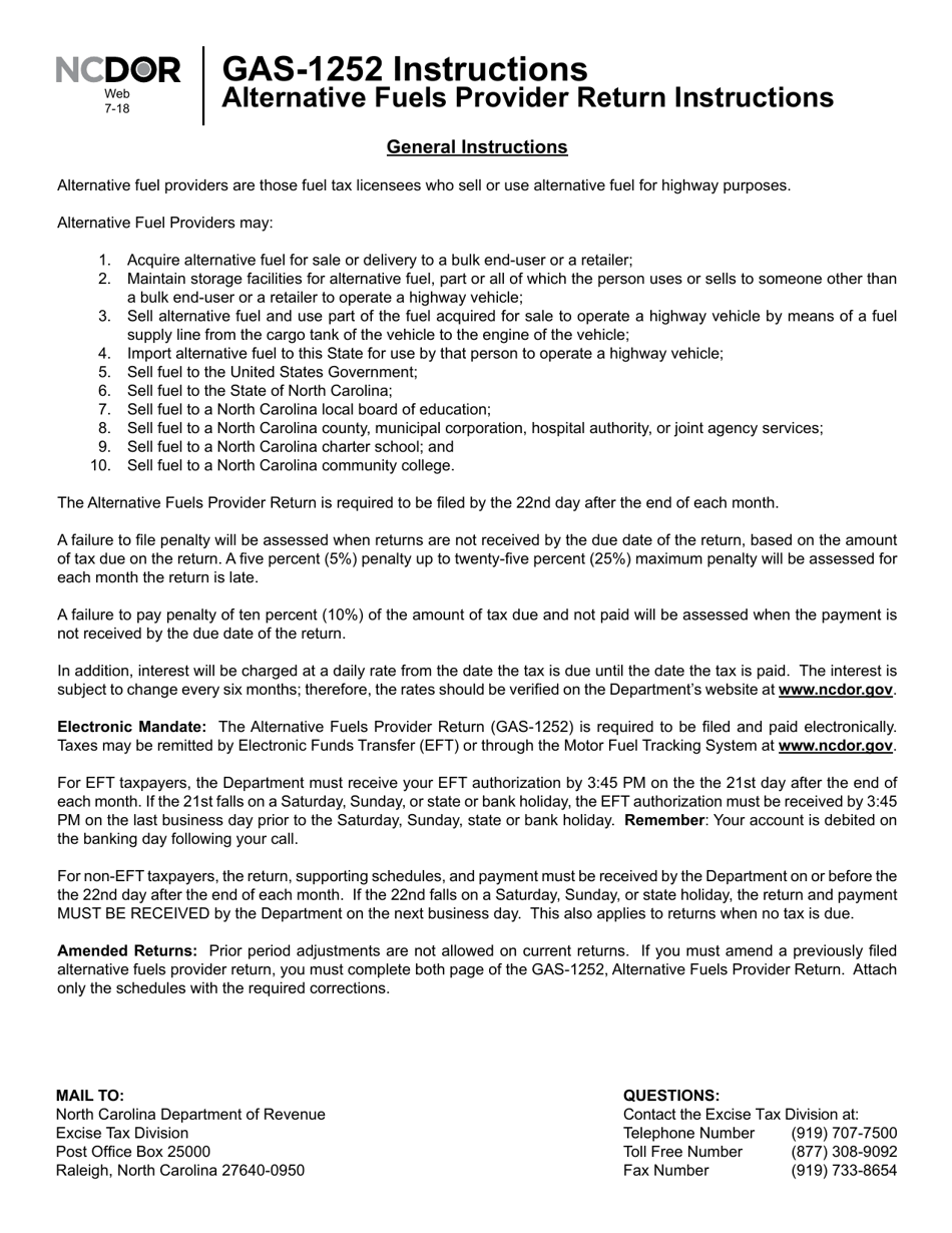Instructions for Form GAS-1252 Alternative Fuels Provider Return - North Carolina, Page 1