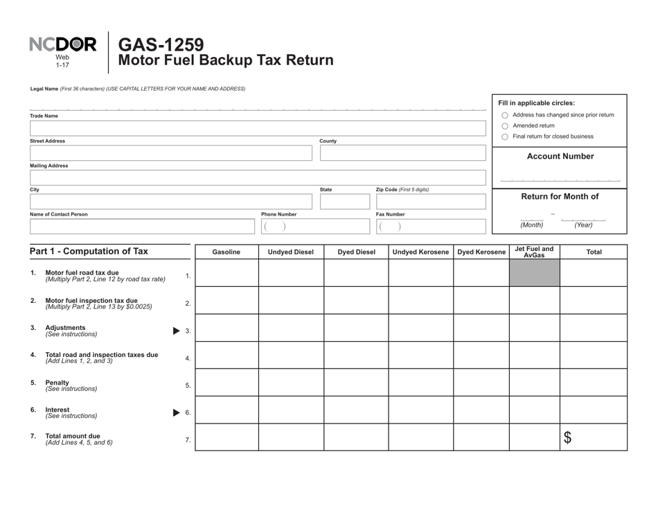 Form GAS-1259 Motor Fuel Backup Tax Return - North Carolina, Page 1