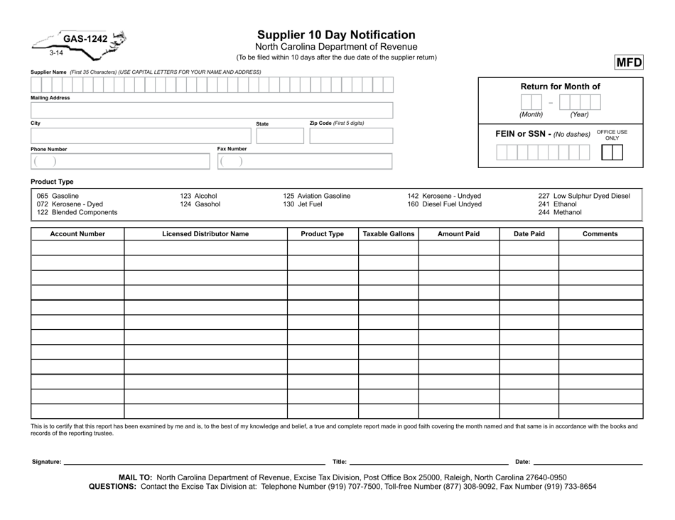 Form GAS-1242 Supplier 10 Day Notification - North Carolina, Page 1