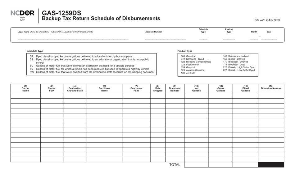 Form GAS-1259DS Backup Tax Return Schedule of Disbursements - North Carolina, Page 1