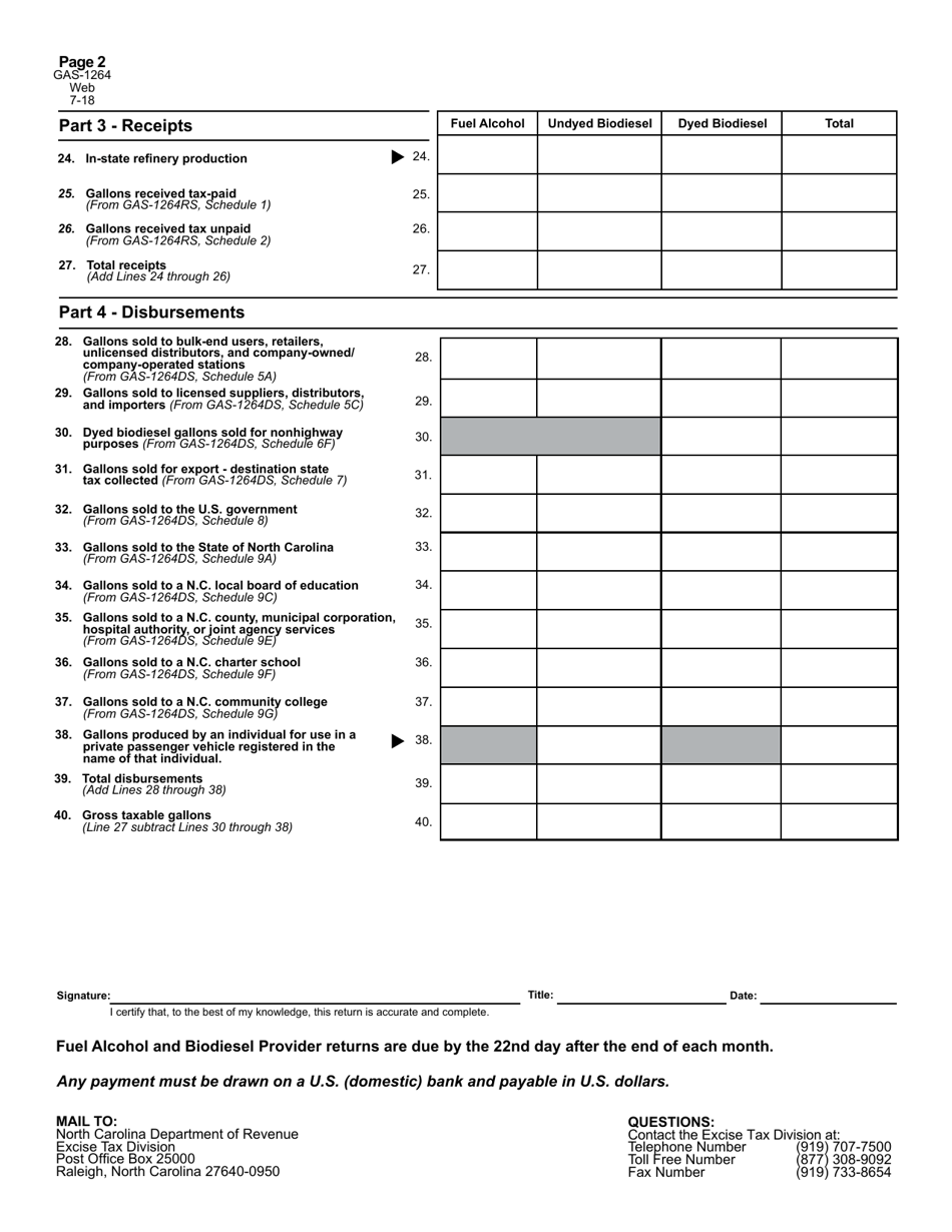 Form GAS-1264 Fuel Alcohol and Biodiesel Provider Return - North Carolina, Page 2