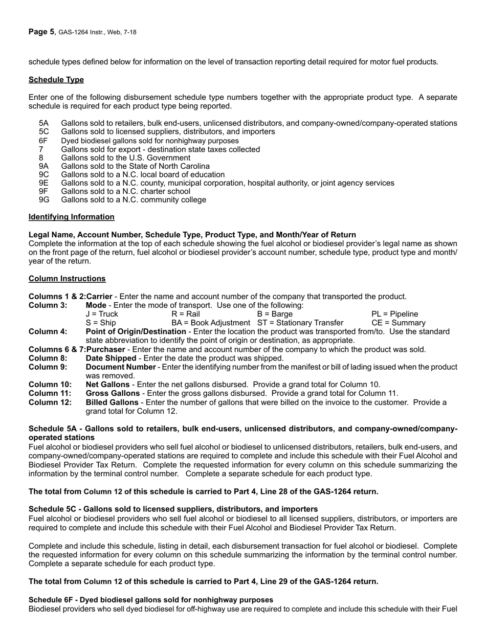 Instructions for Form GAS-1264 Fuel Alcohol and Biodiesel Provider Return - North Carolina, Page 5