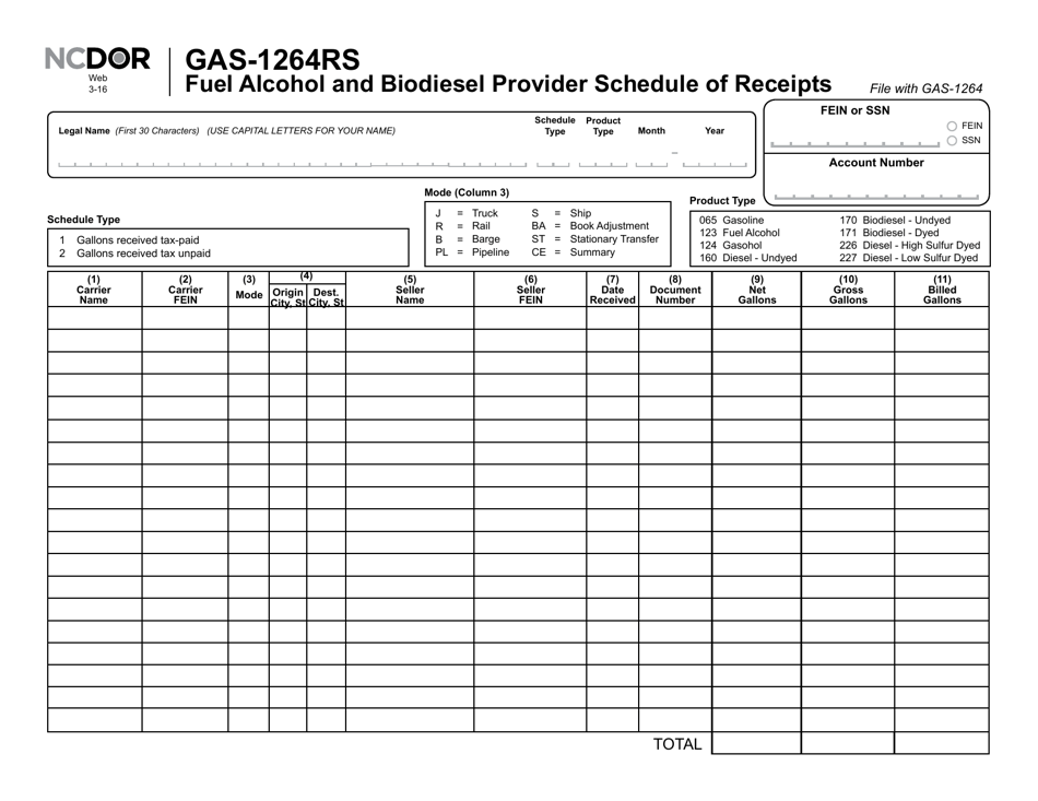 Form GAS-1264RS Fuel Alcohol and Biodiesel Provider Schedule of Receipts - North Carolina, Page 1
